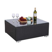Furnimy Patio Outdoor Indoor Coffee Table Rattan Wicker with Tempered Glass for Garden Bedroom Living Room