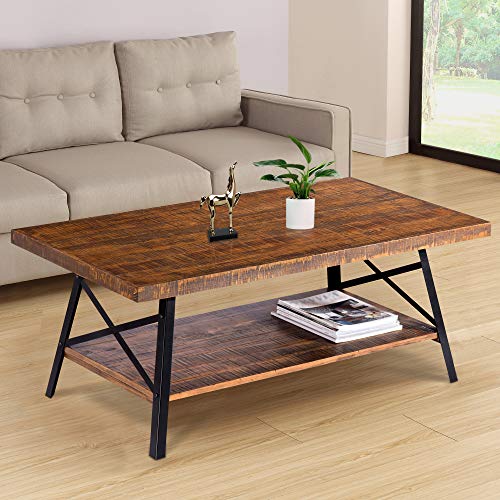 PrimaSleep PR18TB01S 46" W Solid Wood Top & Steel Legs Cocktail Coffee Sofa Dining Garden Table, Rustic Brown