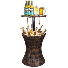 Super Deal 3in1 All-Weather Cool Wicker Bar Table + Ice Bucket + Cocktail Coffee Table All in One, Rattan Style Adjustable Height Patio Party Deck Pool Use, Brown