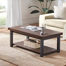 DYH Coffee Table, Rustic Wood and Metal Cocktail Table with Shelf for Living Room, Vintage Espresso