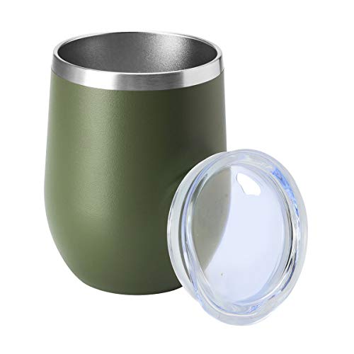 HASLE OUTFITTERS 12oz Wine Tumbler with Lid Stemless Wine Glasses Double Wall Vacuum Travel Mugs Stainless Steel Coffee Cup for Cold & Hot Drinks Wine Coffee Cocktails Beer 1 Pack Army Green