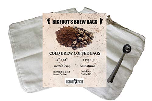 Cold Brew Coffee and Almond Milk Reusable Washable Two Count Hemp Material Filter Bags with Bonus Free Stainless Steel Coffee Scoop with Clip Included. Fits a 64 Ounce or Larger Mason Jar or Container