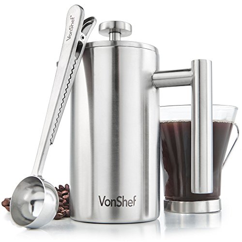 VonShef Stainless Steel French Press with Spoon, Double Walled Cafetiere/Filter Coffee Maker With Coffee Measuring Spoon (3 Cup)