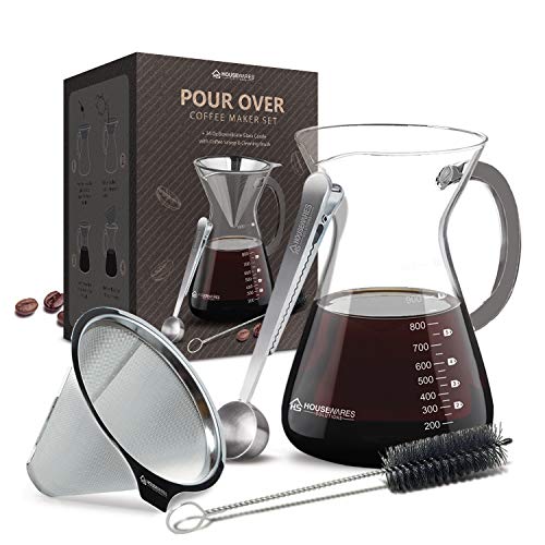 Pour Over Coffee Maker Set - 34 oz Glass Carafe, Stainless Steel Filter with Coffee Scoop and Cleaning Brush