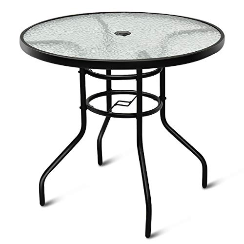 Tangkula 32 Outdoor Patio Table Round Steel Frame Tempered Glass Top Coffee Tables Morecoffee Com - 32 Outdoor Patio Round Tempered Glass Top Table With Umbrella Hole