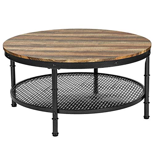 IRONCK Industrial Round Coffee Table for Living Room, Round Cocktail Table with Storage, Sturdy Pipe Legs, Vintage Brown