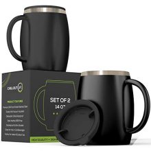 Stainless Steel Insulated Coffee Mugs Set of 2 (14oz) - Double Wall Coffee Cups With Spill Resistant Lid & Strong Handle - Portable Shatterproof Tumblers For Cold Drinks & Hot Beverages