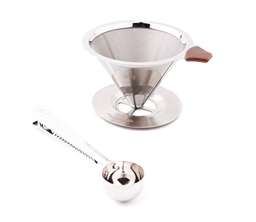 LeafLoveLife-Stainless Steel Pour Over Coffee Maker with Stand - Paperless Reusable Drip Brewer Cone Coffee Filter - Includes Bonus Coffee Scoop with Built-in Bag Clip