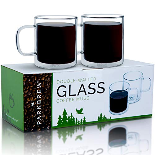 ParkBrew Double Walled Glass Mugs - Includes set of 2 coffee cups, 14. oz. Capacity with Double Wall Glass to Retain Heat in These Large Borosilicate Glass Coffee Mugs