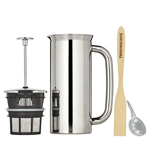 Espro Press P7, Stainless Steel French Press, Double Wall, Vacuum Insulated (6-8 cups, 32 ounce, Polished) Bundle with Handcrafted Bamboo Paddle, Coffee Scoop