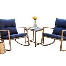 SUNCROWN Outdoor Rocking Chair 3-Piece Patio Bistro Set: Grey Wicker Patio Furniture with Wood-Grain Arm Rest - Two Chairs with Glass Coffee Table (Nautical Navy Cushion)