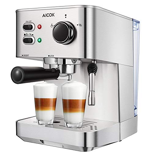 Espresso Machine, Cappuccino Coffee Maker with Milk Steamer Frother, 15 Bar Pump Latte and Moka Machine, Stainless Steel, Warm Top for Cup Placing, 1050W, by AICOK