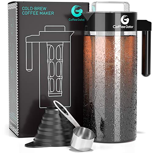Coffee Gator Cold Brew Coffee Maker - BPA-Free Filter and Glass Carafe - Brewing Kit with Stainless Steel Measuring Scoop and Collapsible Loading Funnel - Black - 47 ounce
