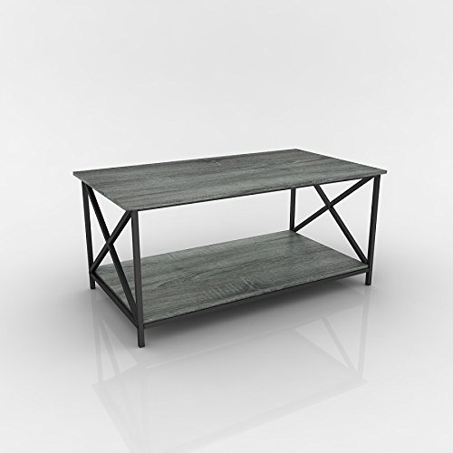 eHomeProducts Weathered Grey Oak Finish Metal X-Design Wooden Cocktail Coffee Table Shelf