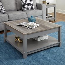 Ameriwood Carver Coffee Table in Soft Gray Finish with Distressed Brown Woodgrain Top and Open Storage Shelf 