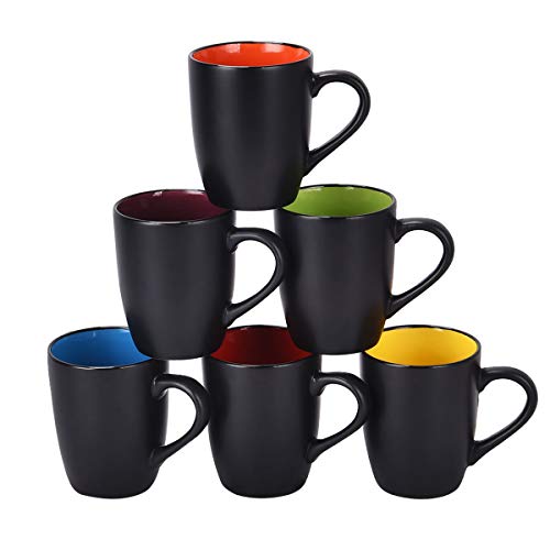 Coffee Mug Set, 16 oz Perfect for Cappuccino, Tea, Cocoa, Cereal, Set of 6, Black outside and Colorful inside