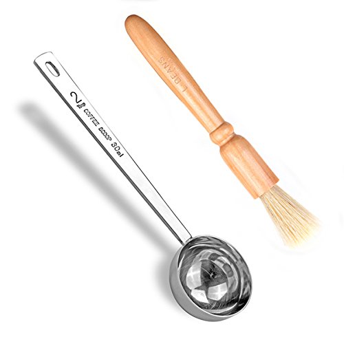 Coffee Grinder Brush and Measuring Scoop, Natural Wood & Bristles & 304 Stainless Steel Spoon Espresso Cleaning Brush Accessories (Brush and 30ml Scoop)