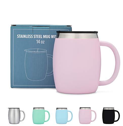 AVITO Stainless Steel Coffee Mug with Lid - 14 Oz Double Walled Insulated Coffee Beer Mugs - Light Pink- Best Value - BPA Free Healthy Choice - Shatterproof and Spill Resistant