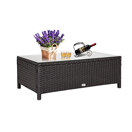Kinbor Patio Wicker Rattan Side Table, Outdoor Rattan Rectangle Dinning Table with Tempered Glassed Top, Black