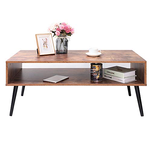 IWELL Mid-Century Coffee Table with Storage Shelf for Living Room, Mid-Century Style Cocktail Table, TV Table, Rectangular Sofa Table, Office Table, Solid Elegant Functional Table, Easy Assembly