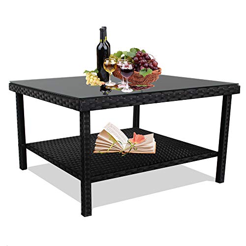 Patio Side Table Black Wicker Big Table for Tea and Coffee Tempered Glass Top Match Patio Sofa