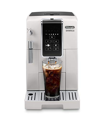 De'Longhi Dinamica Automatic Coffee & Espresso Machine TrueBrew (Iced-Coffee), Burr Grinder + Descaling Solution, Cleaning Brush & Bean Shaped Icecube Tray, White, ECAM35020W