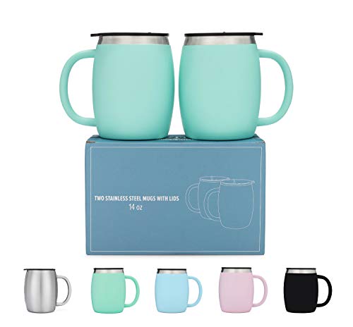Stainless Steel Coffee Mugs with Lids - 14 Oz Double Walled Insulated Coffee Beer Mugs - Set of 2 - Mint - Best Value - BPA Free Healthy Choice - Shatterproof and Spill Resistant - By Avito
