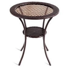 Tangkula 25" Patio Wicker Coffee Table Outdoor Backyard Lawn Balcony Pool Round Tempered Glass Top Wicker Rattan Steel Frame Table Furniture W/Lower Shelf