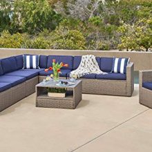 SOLAURA 7-Piece Outdoor Sectional Furniture Gray Wicker Conversation Sofa Set with Navy Blue Cushion & Glass Coffee Table
