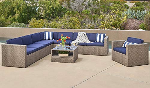 SOLAURA 7-Piece Outdoor Sectional Furniture Gray Wicker Conversation Sofa Set with Navy Blue Cushion & Glass Coffee Table