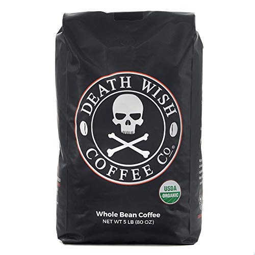 Death Wish Whole Bean Coffee, The World's Strongest Coffee, Fair Trade and USDA Certified Organic - 5 Pound Bulk Value-Bag