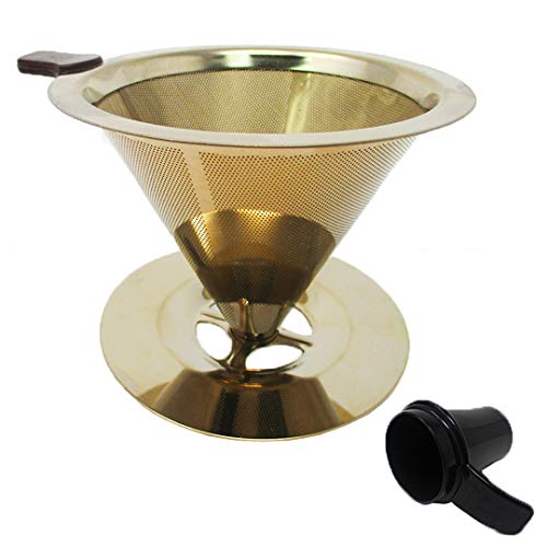GOLDTONE Pour Over Coffee Maker Paperless Filter Reusable Stainless Steel Dripper includes 1 OZ Coffee Scoop - GOLD (4-7 Cup