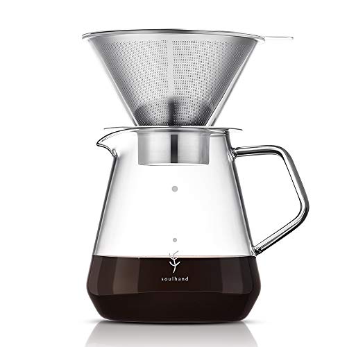 Soulhand Pour Over Coffee Brewer Pour Over Coffee Dripper 8 Cups Coffee Maker with Separable Paperless Coffee Filter with Glass -Bouns Coffee Scoop and Brush Large Capacity Brewer 28oz