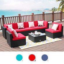 LUCKWIND Patio Conversation Sectional Sofa Chair Table - 7 Piece All-Weather Black Checkered Wicker Rattan Seating Cushion Patio Ottoman Modern Glass Coffee Table Outdoor Accend Pillow 300lbs (RED)