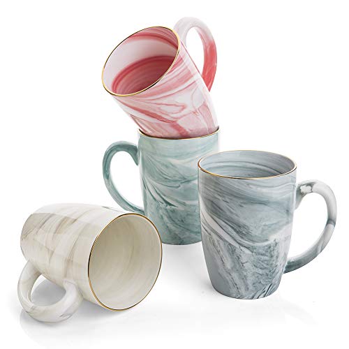Hoomeet 16 oz Marble Ceramic Coffee Mugs, Set of 4 (Cream+Grey+Green+Pink)