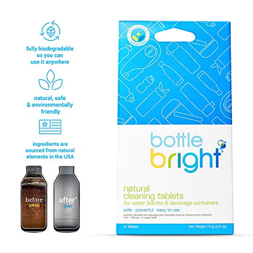 Bottle Bright (12 Tablets) - All Natural, Biodegradable, Chlorine & Odor Free Water Bottle & Hydration Pack Cleaning Tablets