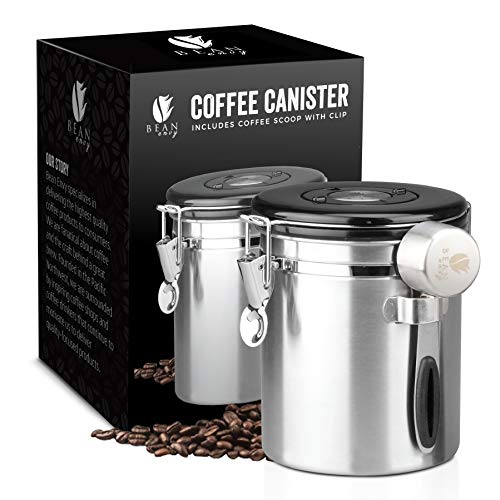 Bean Envy Airtight Coffee Canister - 16oz - Sealed Cantilever Lid with Co2 Gas Release Wicovalve & Numerical Day/Month Tracker - Stainless Steel Storage Vault for Whole/Ground Coffee Bean - Stainless