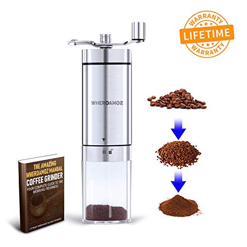 Wheroamoz Manual Coffee Grinder,Conical Burr Mill With Adjustable Setting, Portable Hand Crank Coffee Grinder For Travel, Brushed Stainless Steel, Best For Espresso, French Press, Cold & Turkish Brew