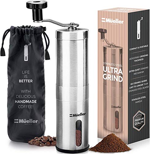Mueller Austria Manual Coffee Grinder, Whole Bean Conical Burr Mill for French Press/Turkish-Strongest and Heaviest Duty, Packaging May Vary, Hand Size, Brushed Stainless Steel