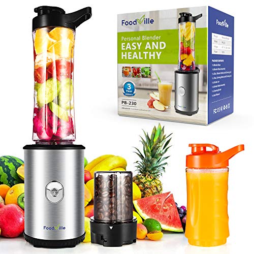 Foodville PB230 2 in 1 Personal Smoothie Blender and Electric Coffee Grinder with 20oz + 10oz Travel Bottles, 2 Drinking Lids and Grinder Jar