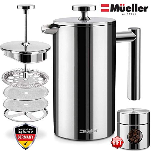 Mueller French Press Coffee Maker, 20% Heavier 18/10 Stainless Steel, Multi-Screen System, Rust-Free, Dishwasher Safe