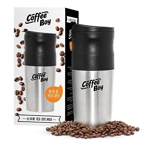 Coffee Boy All-in-One Portable Coffee Maker, with Rechargeable Electric Ceramic Coffee Grinder, 14oz Coffee Travel Mug, and Pour Over Coffee Espresso Dripper - Great for the Office or Camping