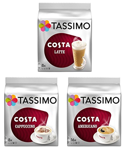 Tassimo New 3 Costa Variety Bundle - Costa Latte (New Smaller Pack), Americano And Cappuccino - New Smaller Latte Pack Version