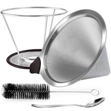 Pour Over Coffee Dripper, Reusable Stainless Steel Coffee Filter with Non-slip Cup Stand, Brush and Spoon, ECO-Friendly Paperless Coffee Maker filters Cone.