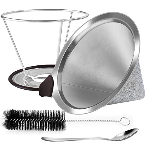 Pour Over Coffee Dripper, Reusable Stainless Steel Coffee Filter with Non-slip Cup Stand, Brush and Spoon, ECO-Friendly Paperless Coffee Maker filters Cone.