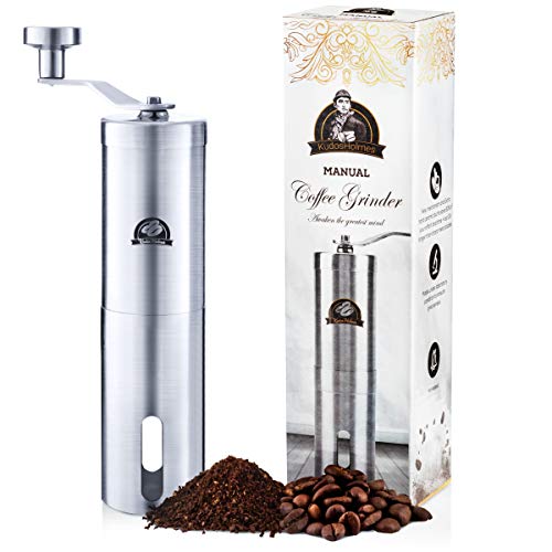 Manual Coffee Grinder by KudosHolmes - Portable Stainless Steel Design with 25 Adjustable Grind Selector Settings, Conical Ceramic Burr Mill with Quiet Grinding - Great for Camping, Travel, Picnics