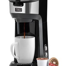 A compact TRU Single-Serve Coffee Maker with a sleek black finish, featuring a flip-top water reservoir, removable drip tray, and dual brewing options for K-Cups or ground coffee. ☕ 