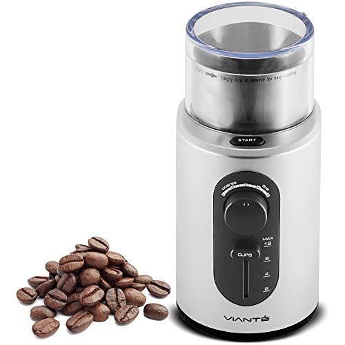 Viante Electric Coffee Bean & Spice Grinder. Cup Size and Coarseness Selectors. Removable Stainless Steel Cup for easy cleaning & Pouring. Cord Storage System. Grinds Nuts, Herbs & Grains