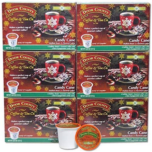 Door County Coffee, Single Serve Cups for Keurig Brewers, Candy Cane, Peppermint Flavored Coffee, Limited Time, Medium Roast, Ground Coffee, 72 Count
