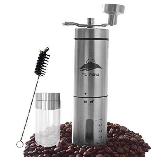 Manual Coffee Bean Grinder By Mount Ynaya- Stainless Steel Triangular Body & Foldable Crank with Ceramic Burr - Adjustable from Fine to Coarse for Different Brewing, Extra Storage Container Included